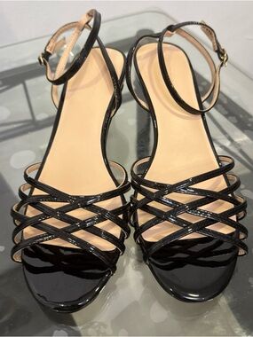 LOFT Black Patent Strappy Ankle Strap Sandals